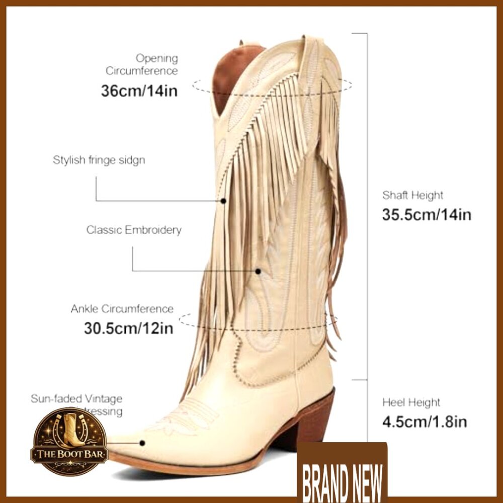 Women's Western Boots Pointed Toe Chunky Heel Pull On Mid Calf Fringe - Picture 4 of 7